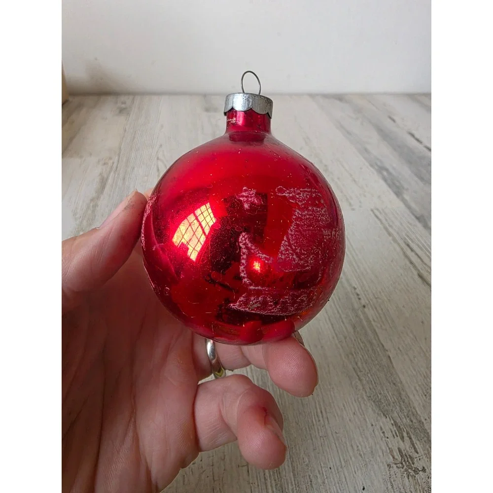 Vintage red Santa dear stencil glass ornament reindeer scene Xmas tree